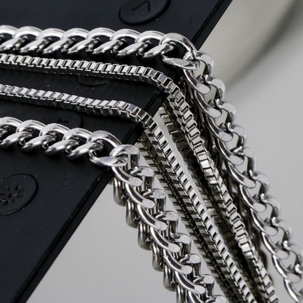 đź’ŽBlack Rectangle Stone Titanium Steel Necklace Chain Double layer thick silver - Picture 9 of 10